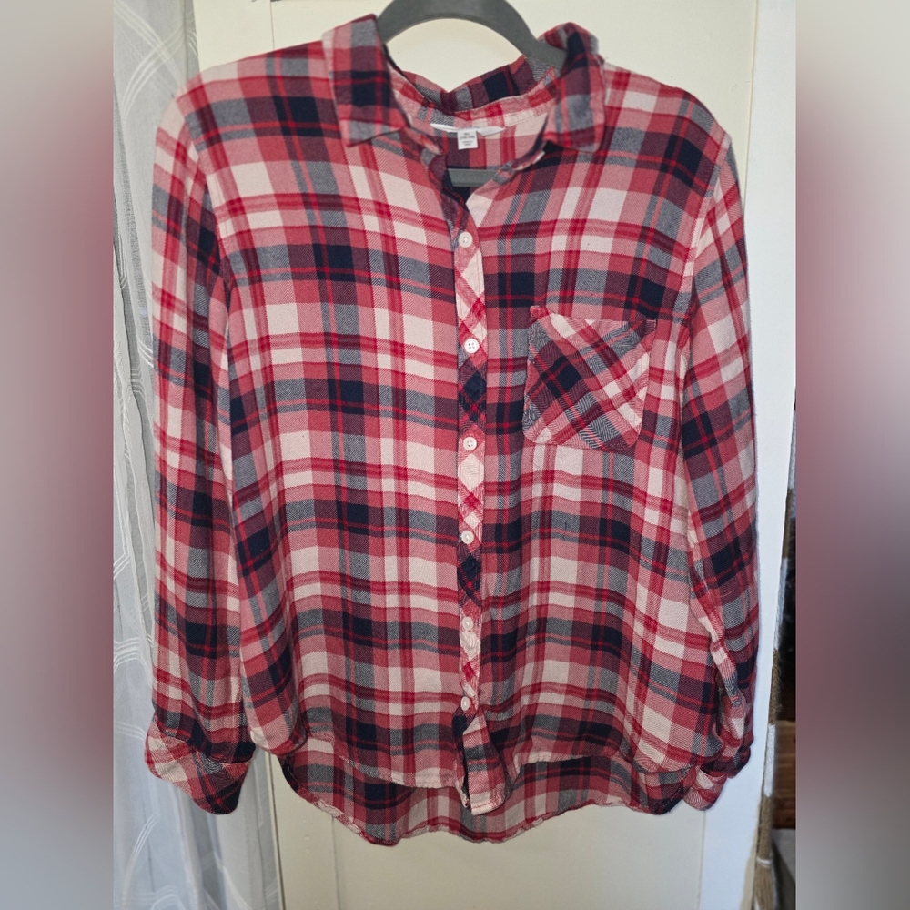 Red and Dark Blue Plaid Button-Up Shirt
